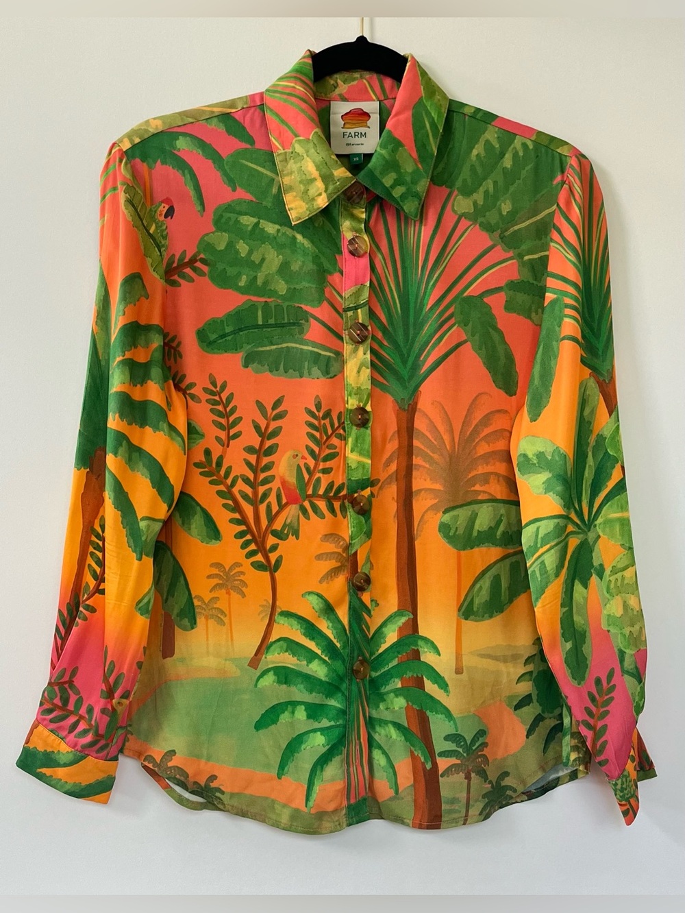 FARM Rio Sunrise Scenario Long Sleeve Shirt Botanical Tropical Print NWOT Sze:XS
